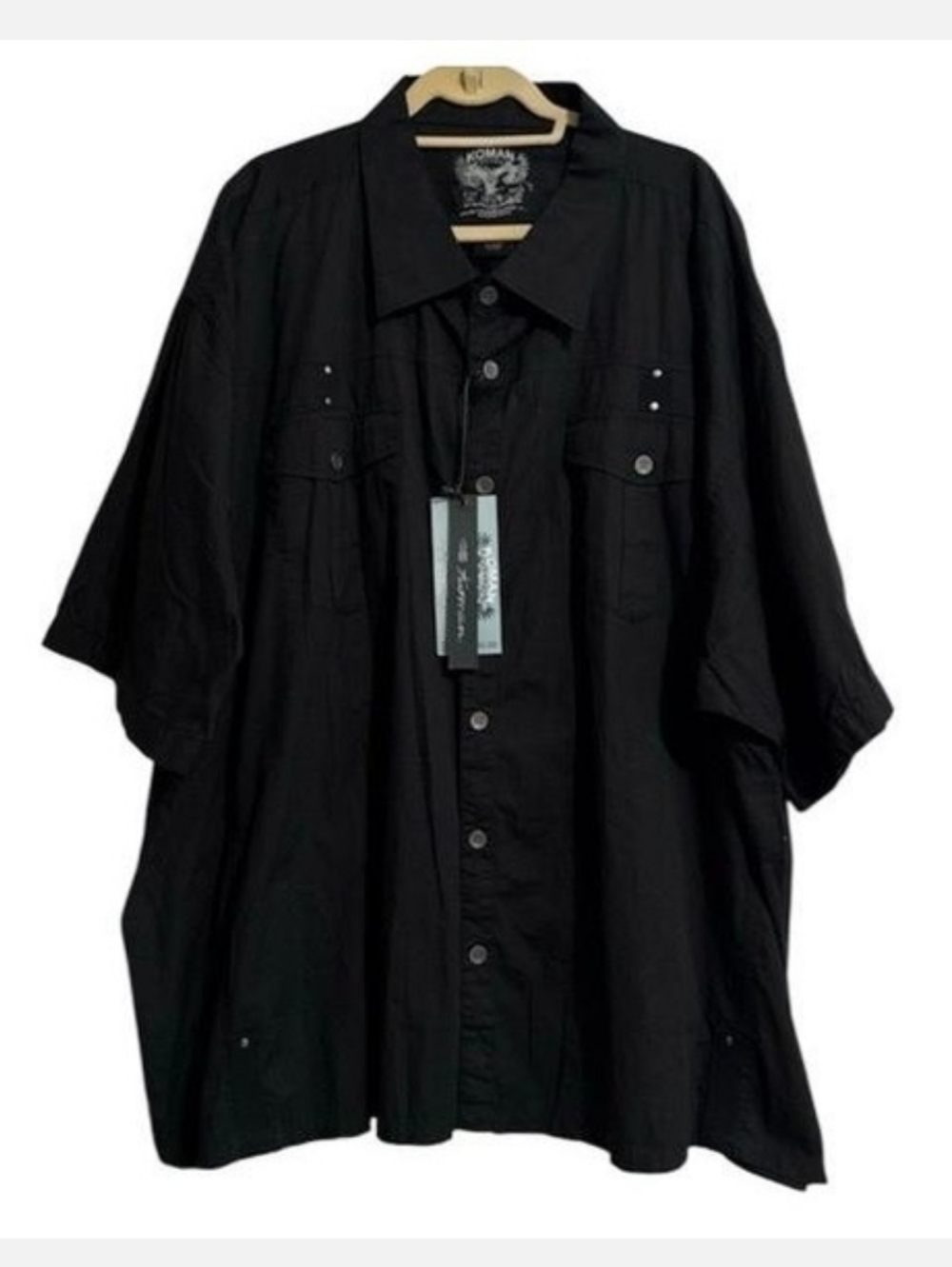 KOMAN Men's 100% Cotton 5X Black Short Sleeve Casual Button Up Studded Pockets